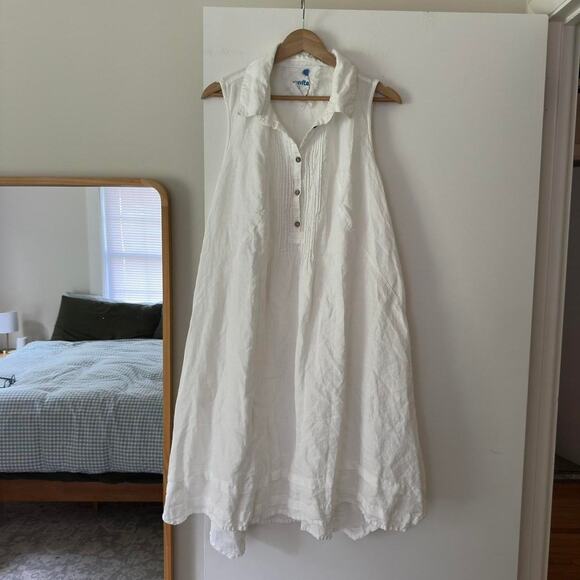 Yuvita White 100% Linen Midi Dress Size Large - Picture 1 of 5